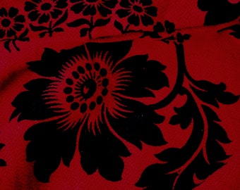 Antique French Cotton Fabric, Red Black Floral Textile, c1900
