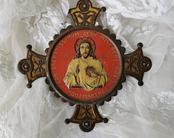 Jesus Christ, French Antique, Tole ware, Rare Religious Picture, Montmartre Paris, Shabby French Decor, Antique Jesus, Holy Gifts.
