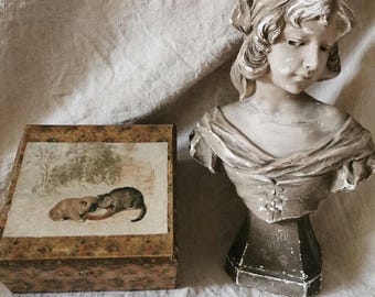 Antique boxes, vintage boxes, French haberdashery box, antique wallpaper covered, vintage kittens, pugs, antique wallpaper, shabby decor.