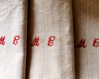 Antique French Homespun Linen Towel, Hand Woven, Red Monogram MC