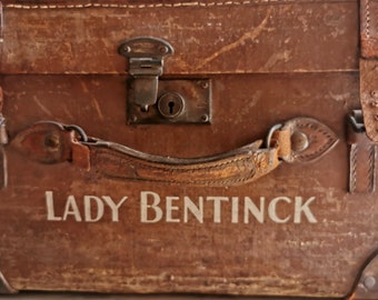 Antique Lady Bentinck Suitcase, Canvas Leather Hat Box, c1900 Luggage