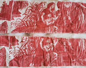 Antique Toile De Jouy, Vintage Textile Projects, Textile Panel, c 1840  Rose Madder Fabric