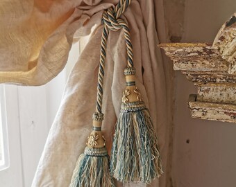 Vintage Tassel Tie Backs, 1 Pair (4 Pom Poms ), Window Treatments, Huge Pompoms, French Drapes, Curtain Cords With Tassels.
