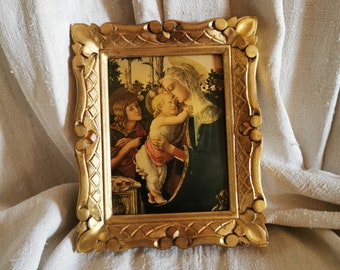 Virgin Mary and Jesus,French vintage in hand gilded  frame . Botticelli, Louvre Paris. Holy Gifts