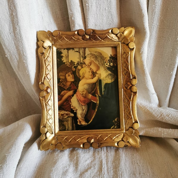 Vintage print Virgin Mary and Jesus, in hand gilded  frame . Botticelli, Louvre Paris.