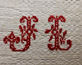 Vintage Torchon, Antique French, Hemp Handwoven Towels, Monogrammed JL, Rustic Linen, Home Decor.
