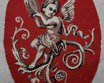 Antique French, embroidery, cherub panel, decorative  panel, 19th century embroidery. Vintage crafting, Pillow making.
