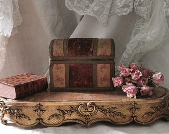 Fabric covered boxes,  French Antiques, boudoir boxes, velvet covered box. Dome top jewelry box. Antique textiles.