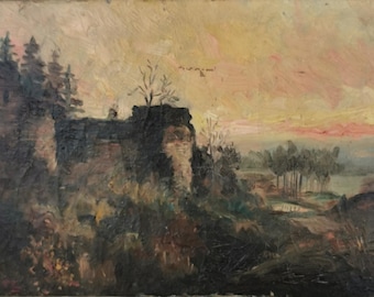 Antique French Oil Painting, Romantic Ruins Sunset Landscape, Barbizon School Impressionist