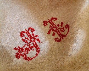 French Vintage, Vintage Fabrics ,  Chanvre, Homespun, Hand Woven Hemp, Torchon, Hand-towel, Monogram JL, French Vintage Linens,  Table Cloth