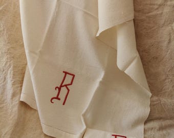 Towels French Vintage, Vintage Fabrics , Pair of Woven Cotton Torchons, Hand-towels, Monogram R. French, Vintage Linens, French Cuisine.
