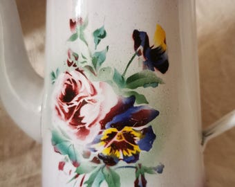 Graniteware/Enamelware, French Antique, Roses Enamel, Pansies French Enamelware, French Decor, Cottage Core, Nordic Decor