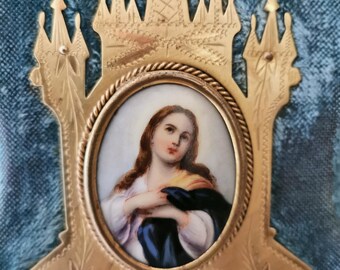 Antique Hand-Painted Porcelain Virgin Mary Wall Art, Gilt Frame, Teal Velvet