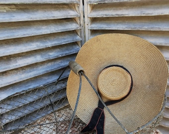 French Vintage  Straw Hat, 19 th Century Straw Bonnet Velvet Ribbons Hand woven Rare Period Costume