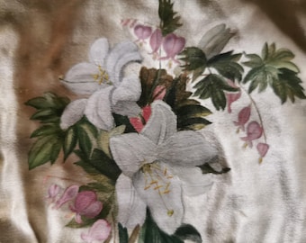 Silk Sachet, boudoir antiques, Handpainted Lillies, Silk, Boudoir Decor. French Antiques. Sustainable.