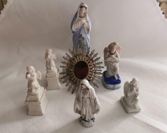 Antique Doll house miniatures, 7 pieces, French Antiques, miniature Chapel, Virgin Mary, Antique Angels, Monstrance