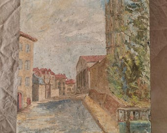 Antique French oil paintings, primitive 1920s paintings, French country decor.Impressionist paintings.