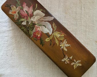 19th Century French Papier Mache Box, Hand Painted Floral Boudoir Collector Box