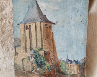 Antique French oil paintings, primitive 1920s paintings, French country decor.Impressionist paintings.