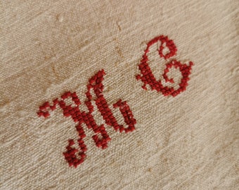 Towels French Vintage Fabrics ,  Chanvre, Homespun, Hand Woven Hemp, Torchon, Hand-towel, Monogram MC, French Vintage Linens,  Table Cloth