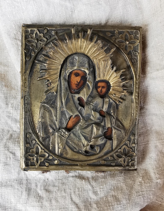 ロシア正教イコン the Mother of God アンティーク Antique Russian Orthodox Icon, Mother of God Child, Brass Oklad