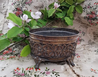 Vintage, Home Decor, Antique Brass, Repoussé Cache Pot, Brocante, French Style, Planter, c. 1880
