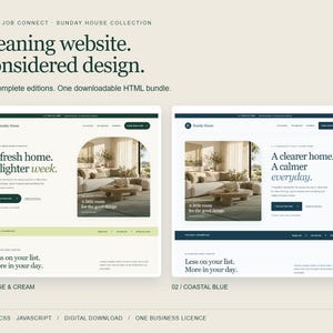 May include: Two website design templates titled Sunday House Collection, featuring a sage and cream version and a coastal blue version. Each layout displays a living room image, navigation menus, and text including A fresh home, A lighter week.