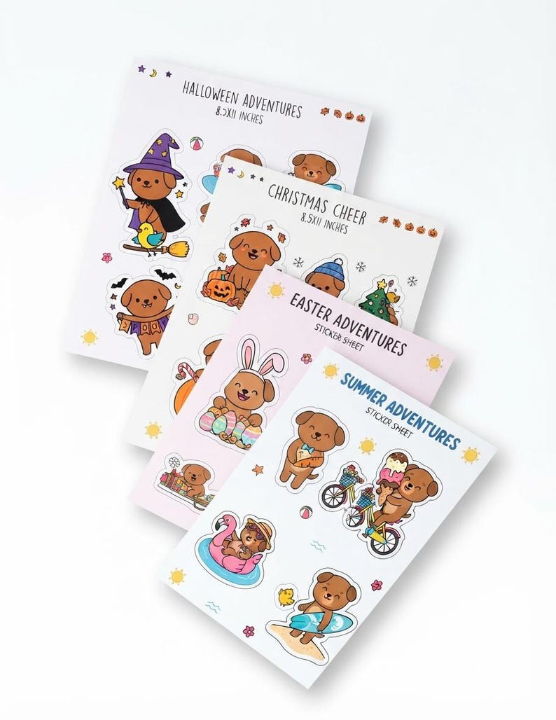 Printable dog sticker sheets flat lay with seasonal mini props on a white desk