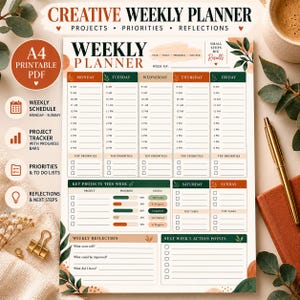 Könnte beinhalten: Ein wöchentlicher Planer als druckbares PDF mit einem Zeitplan von Montag bis Sonntag, stündlichen Slots von 8 bis 18 Uhr, Projektverfolgung mit Fortschrittsbalken, Prioritäten, wöchentlichen Reflexionen und Aktionspunkten für die nächste Woche.
