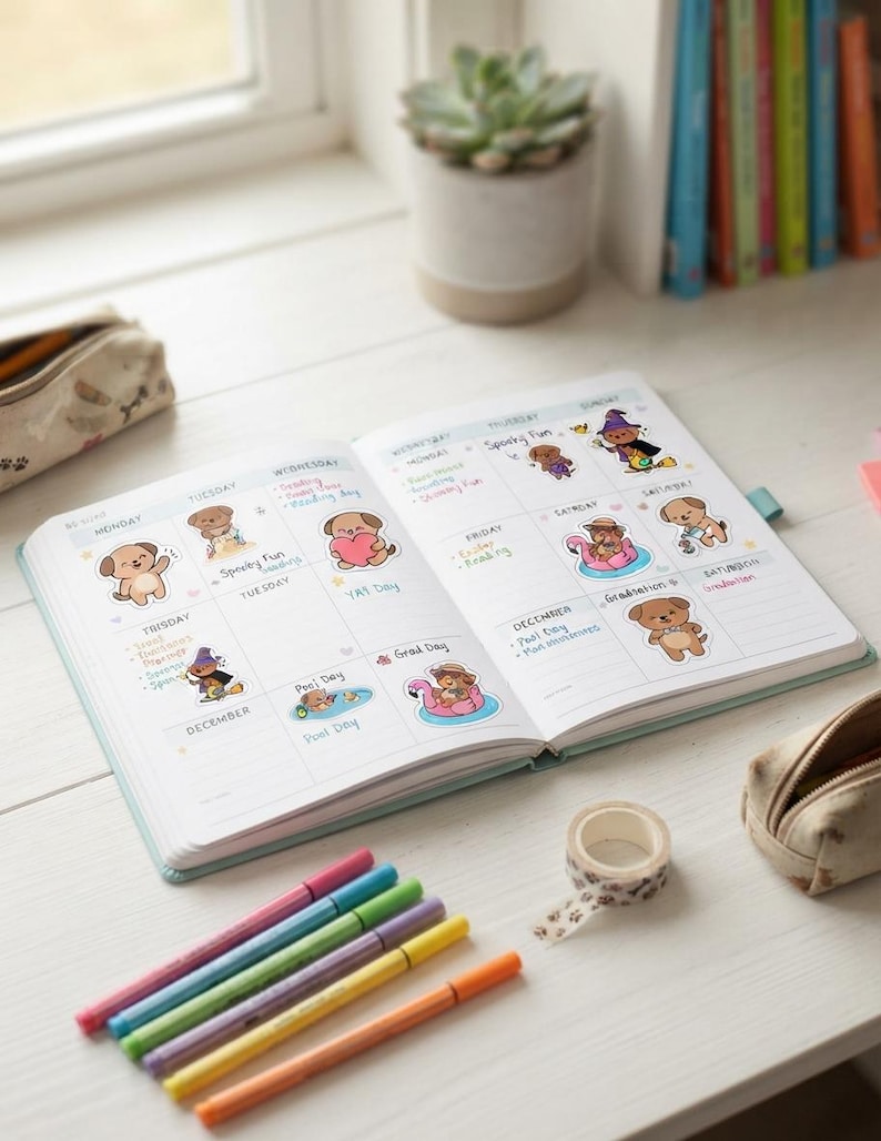 Cute cartoon dog stickers in seasonal costumes for Halloween, Christmas, and Easter
