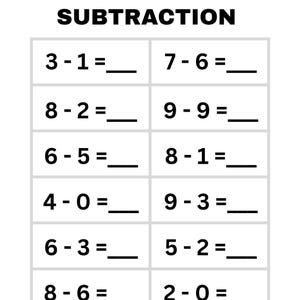 May include: A black and white educational worksheet titled SUBTRACTION with blank lines for Name and Date. It features twelve math problems arranged in two columns, each showing a single-digit subtraction equation followed by an equals sign and a blank line.