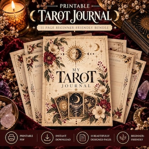 May include: A printable tarot journal bundle featuring 11 pages with a cream-colored cover decorated with floral illustrations, a sun and moon face, and three tarot cards. The text reads "PRINTABLE TAROT JOURNAL" and "MY TAROT JOURNAL".
