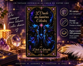 Pode incluir: Um baralho de cartas oráculo intitulado L'Oracle des lumières Célestes, com uma caixa preta com filigrana dourada e duas figuras etéreas azuis. A caixa exibe o texto L'Oracle des lumières Célestes e par L'étoile d'Aphrodite. Inclui 91 cartas de 7 x 12 cm, feitas de papel couché de 350 gramas.