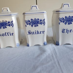 Flawless Vintage Delft Blue Style Canister Set - Coffee, Sugar, Tea - Set of 3 Ceramic Kitchen Jars - 1970s 1980s Retro Dutch Home Decor