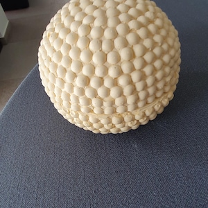 Op de afbeelding: Een bolvormig object met een getextureerd oppervlak bestaande uit talloze kleine, crèmekleurige, verhoogde cirkelvormige bobbels gerangschikt in een dicht, herhalend patroon. Het object heeft een horizontale naad die het in twee helften verdeelt.