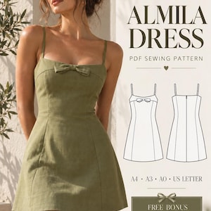May include: A PDF sewing pattern for the Almila Dress by Mira Patterns. The image displays a short, olive green dress with thin straps and a small bow detail on the bodice, alongside a technical line drawing showing front and back views.