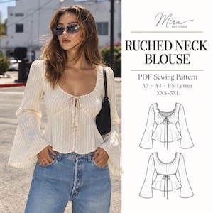 Ruched Neck Blouse Sewing Pattern PDF (Digital Download) a4,a3,usletter