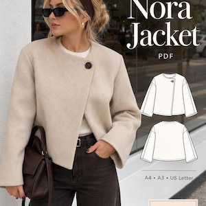 May include: A beige, long-sleeved jacket with a round neckline and a single black button closure. The image includes text reading Mira Patterns, Nora Jacket, PDF, A4, A3, US Letter, and Bonus Pattern Skirt, with technical line drawings.