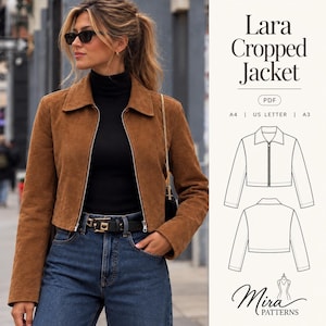 May include: A brown cropped jacket with a collar and front zipper, paired with a black turtleneck and blue jeans. The right side displays a technical line drawing of the Lara Cropped Jacket pattern in A4, US Letter, and A3 formats by Mira Patterns.