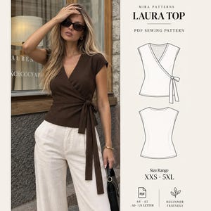 May include: A brown wrap top with short sleeves and a side tie closure, shown alongside a technical line drawing labeled Mira Patterns Laura Top PDF Sewing Pattern, with a size range of XXS to 5XL and icons for A4, A3, A0, and US Letter formats.