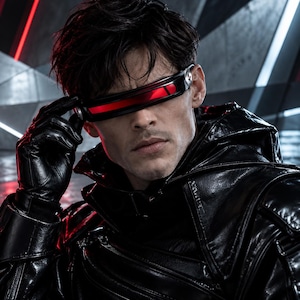 May include: A black leather jacket with a high collar and hood, paired with black leather gloves and a sleek, visor-style eyewear piece featuring a horizontal red lens that covers the eyes, creating a dark, structured appearance.