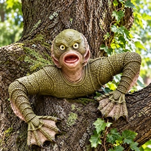 Könnte beinhalten: Eine grüne, texturierte Kreaturenfigur mit rundem Kopf, großen Augen und offenem Mund. Die Figur hat schuppige Haut, Schwimmhäute an den Händen mit dunklen Krallen und bewegliche Arme, die so gestaltet sind, als würde sie aus einem Baumstamm hervorkommen.