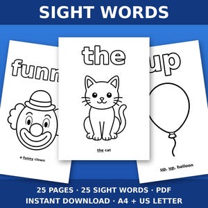 May include: Three white educational worksheets featuring black line art illustrations and text. The left page shows a clown with the word funny, the centre page shows a cat with the word the, and the right page shows a balloon with the word up.