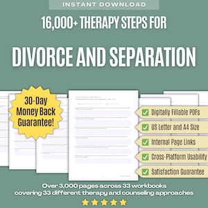 Puede incluir: Un conjunto de descarga digital con más de 16,000 pasos de terapia para divorcio y separación en 33 libros de trabajo. Incluye una garantía de devolución de dinero de 30 días, PDF rellenables, tamaños carta y A4, enlaces internos y uso multiplataforma.