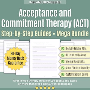 Acceptans- och commitmentterapi (ACT) • Steps Mega Bundle • Arbetsblad, arbetsböcker, mallar, sessionsflöde, läkning, verktyg