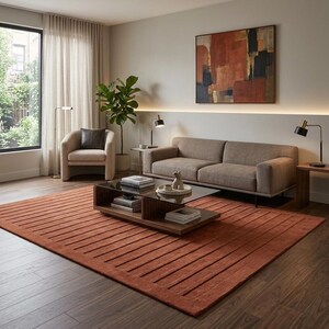 Terracotta Area Rug, Rust Orange Ribbed Rug, Modern Textured Carpet, Minimalist Living Room Rug, Contemporary Bedroom and Dining Room Decor