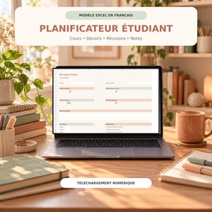 以下が含まれることがあります： ノートパソコンの画面に表示されたデジタル学生プランナーテンプレート。MODÈLE EXCEL EN FRANÇAIS、PLANIFICATEUR ÉTUDIANT、Cours、Devoirs、Révisions、Notes、TÉLÉCHARGEMENT NUMÉRIQUEというテキストが含まれています。インターフェースには、課題、成績、授業スケジュールを追跡するためのセクションがあります。