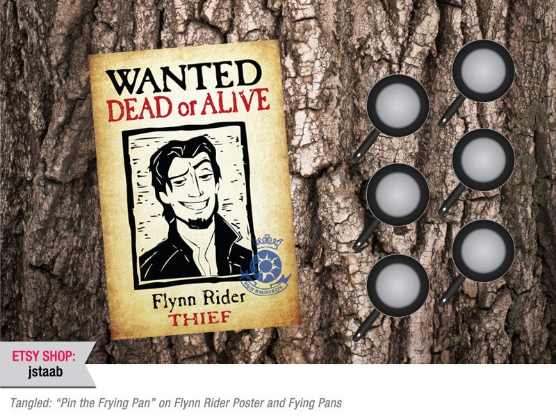 tangled-party-game-pin-the-frying-pan-on-flynn-rider-poster-and-frying-pans-digital-file-etsy