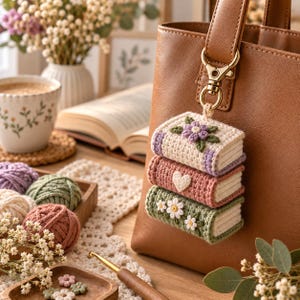 May include: A crochet keychain featuring three stacked miniature books in cream, dusty pink, and sage green. The top book has a purple flower, the middle has a white heart, and the bottom has white daisies. It hangs from a gold-toned metal clasp.