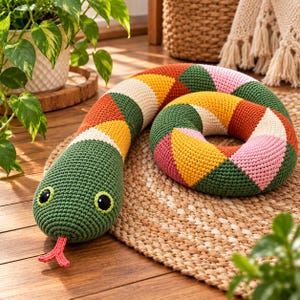 Schema per realizzare un serpente all'uncinetto in stile amigurumi, tutorial per un peluche colorato (download digitale)